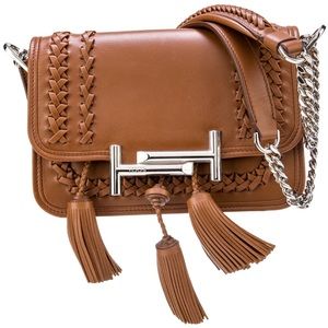 $2,595 Tod's Cognac Leather Mini Double T Tassel Crossbody Bag Fringe Stiched